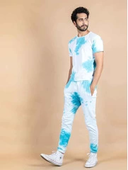 Buy White And Blue Tie And Dye T-Shirt And Joggers Co-ord Set For Men - 4